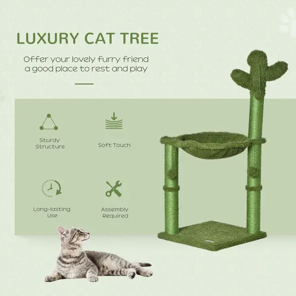 PawHut Cactus Cat Tree Tower for Indoor Cats Sisal Scratching Post with Hammock Bed Dangling Ball 40 x 40 x 96 cm - 3