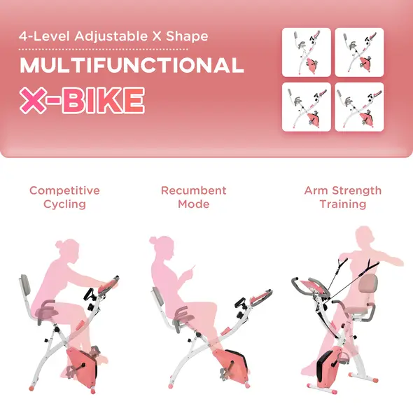 HOMCOM 2-in-1 Folding Exercise Bike with 8-Level Magnetic Resistance, Arm Resistance Band, Pulse Sensor, Pink - 7