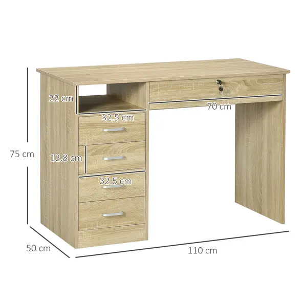 HOMCOM Computer Desk, Home Office Desk with Lockable Drawer, Storage Shelf for Study Bedroom, 110 x 50 x 76 cm, Oak - 2