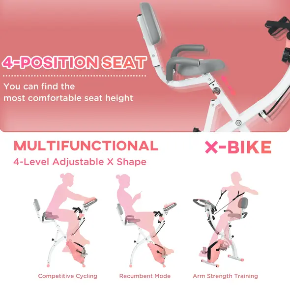 HOMCOM 2-in-1 Folding Exercise Bike with 8-Level Magnetic Resistance, Arm Resistance Band, Pulse Sensor, Pink - 4