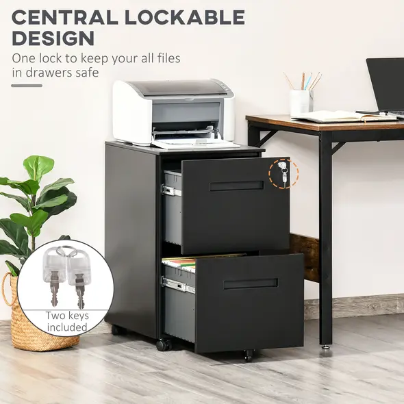 Vinsetto Metal Mobile File Cabinet with Wheels, Lockable 2 Drawer Filing Cabinet for A4, Legal, Letter, Compact Under Desk Storage Unit with Pre-Assembled Body for Home Office, 39 x 48 x 67cm, Black - 3