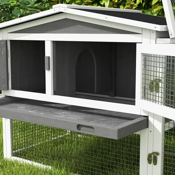 PawHut Rabbit Hutch with Run Wooden Guinea Pig Hutch Outdoor Bunny Cage Hide House with Sliding Tray, Hay Rack, Ramp, 156 x 58 x 68cm, Grey - 7