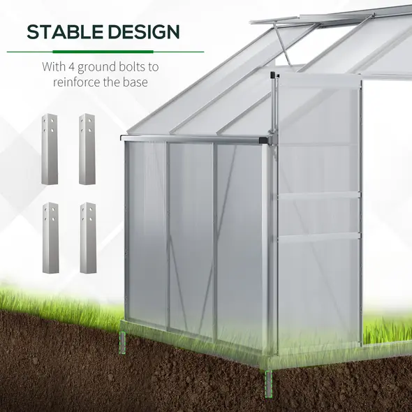 Outsunny 6 x 4ft Lean to Wall Polycarbonate Greenhouse Aluminium Walk-in Garden Greenhouse with Adjustable Roof Vent, Rain Gutter and Sliding Door, Clear - 5