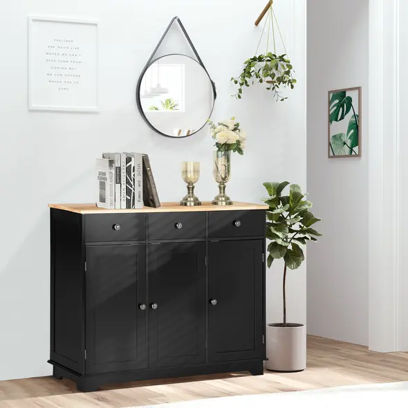 HOMCOM Sideboard with Rubberwood Top and Adjustable Shelves for Dining Room, Kitchen - Black - 1