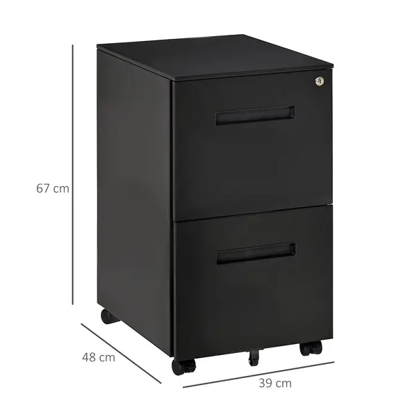 Vinsetto Metal Mobile File Cabinet with Wheels, Lockable 2 Drawer Filing Cabinet for A4, Legal, Letter, Compact Under Desk Storage Unit with Pre-Assembled Body for Home Office, 39 x 48 x 67cm, Black - 2