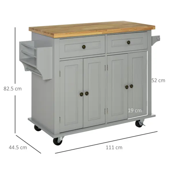 HOMCOM Rolling Kitchen Island Storage Trolley with Rubber Wood Top & Drawers for Dining Room, Grey - 2
