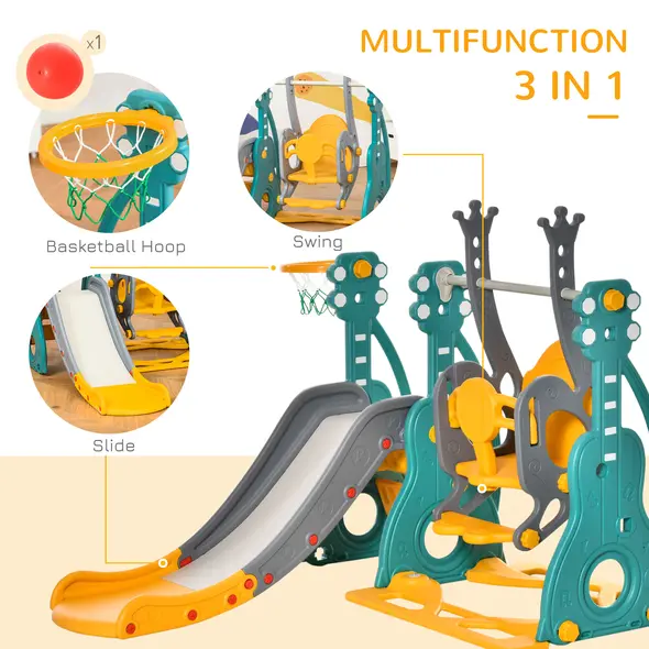 HOMCOM 3-IN-1 Kids Swing and Slide Set with Basketball Hoop Slide Swing Adjustable Seat Height Toddler Playground Activity Center Indoor and Outdoor Play Equipment - 3