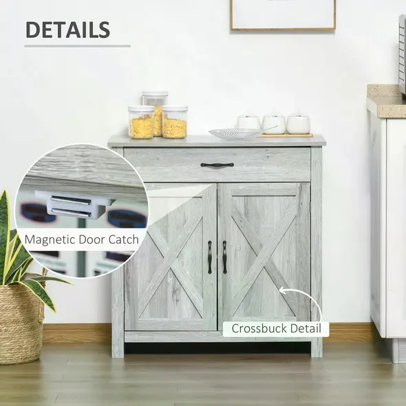 HOMCOM Farmhouse Barn Door Sideboard Storage Cabinet Coffee Bar for LIVING Room – Grey Grain - 6