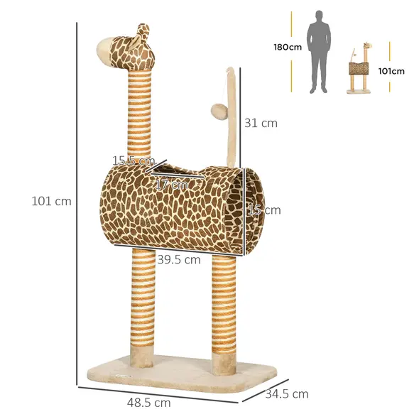 PawHut Giraffe-Designed Cat Tree, with Scratching Posts, Cat Tunnel, Toy Ball - Beige - 2