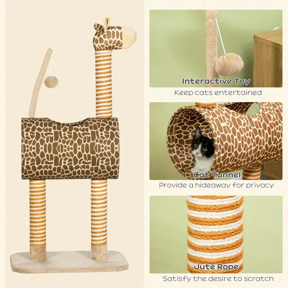 PawHut Giraffe-Designed Cat Tree, with Scratching Posts, Cat Tunnel, Toy Ball - Beige - 4