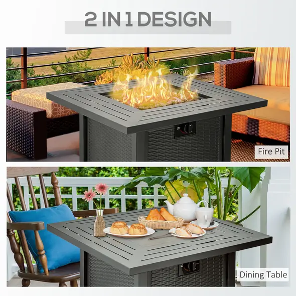 Outsunny Square Propane Gas Fire Pit Table, 40000 BTU Rattan Smokeless Firepit Patio Heater with Protective Cover, Glass beads and Lid, 71cm x 71cm x 63cm, Black - 3