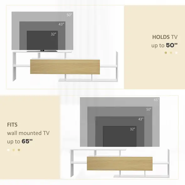 HOMCOM TV Cabinet with Wall Shelf for Wall-Mounted 65" TVs or Standing 40" TVs - White and Natural - 6