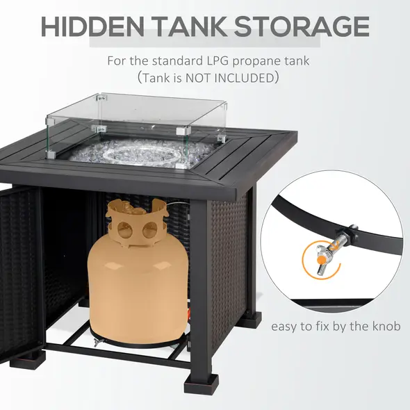 Outsunny Square Propane Gas Fire Pit Table, 50000 BTU Rattan Smokeless Firepit Patio Heater with Glass Screen, Glass Beads and Lid, 81cm x 81cm x 64cm, Black - 4