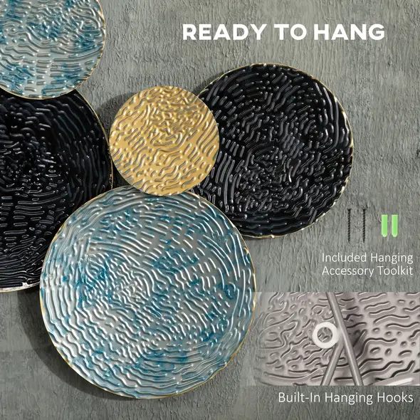 HOMCOM 3D Metal Wall Art Modern Circle Hanging Wall Sculptures Home Decor for Living Room Bedroom Dining Room, Blue Black Gold - 4