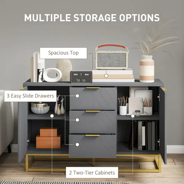 HOMCOM Sideboard with 3 Drawers and Adjustable Shelves for Living Room - Grey - 4