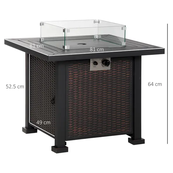 Outsunny Square Propane Gas Fire Pit Table, 50000 BTU Rattan Smokeless Firepit Patio Heater with Glass Screen, Glass Beads and Lid, 81cm x 81cm x 64cm, Black - 2