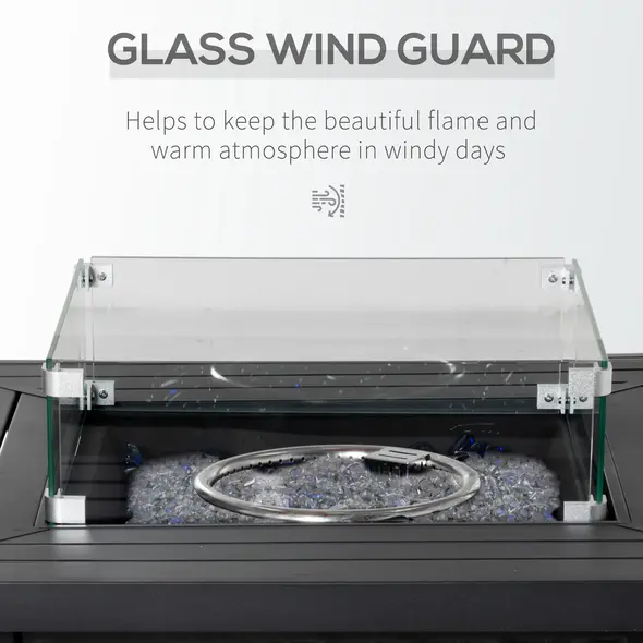 Outsunny Square Propane Gas Fire Pit Table, 50000 BTU Rattan Smokeless Firepit Patio Heater with Glass Screen, Glass Beads and Lid, 81cm x 81cm x 64cm, Black - 6