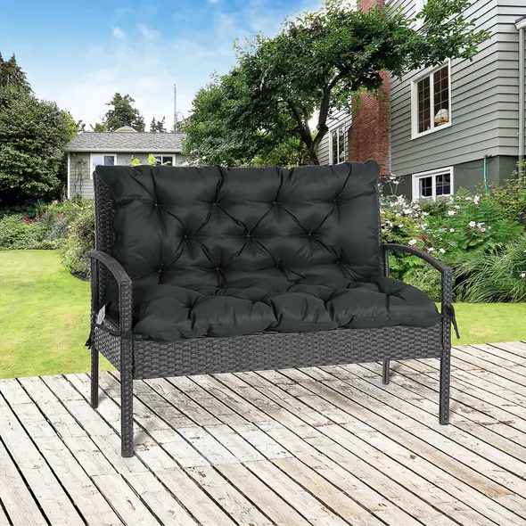 Outsunny 2 Seater Bench Pad, Garden Chair Cushion with Back and Ties for Indoor and Outdoor Use, 98 x 100 cm, Black - 1