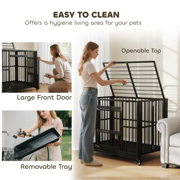 PawHut 43" Heavy Duty Dog Crate, Foldable Dog Cage, with Openable Top, Locks, Removable Tray, Wheels - Black - 5