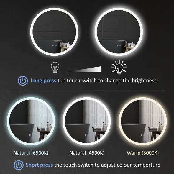 kleankin Round Bathroom Mirror with LED Lights, Wall-Mounted Dimmable Makeup Mirror with 3 Temperature Colours, Defogging Film, Memory Function, Hardwired, 70 x 70 cm - 4