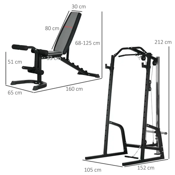 SPORTNOW Smith Machine & Cable Pulley System with Adjustable Weight Bench, Multifunction Home Gym Power Rack with Lat Pull Down System, Barbell Rack for Full Body Training, Black - 2