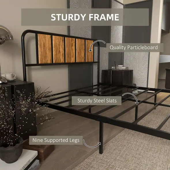 HOMCOM 4.8ft Double Bed Frame with Industrial Wood Headboard, Steel Slat Support and 25.5cm Underbed Storage Space, 145 x 197cm, Rustic Brown - 5