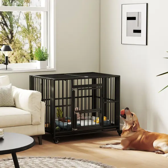 PawHut 43" Heavy Duty Dog Crate, Foldable Dog Cage, with Openable Top, Locks, Removable Tray, Wheels - Black - 1