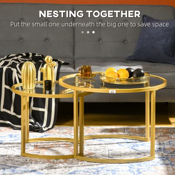 HOMCOM Coffee Table Set of 2, Modern Nest of Tables with Tempered Glass Top, Steel Frame for Living Room, Gold Tone - 3