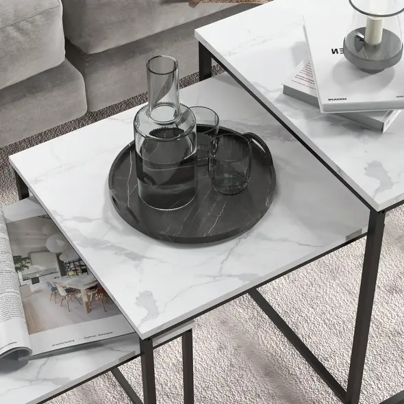 HOMCOM Three Nest of Tables, Marble Effect Finish - 7