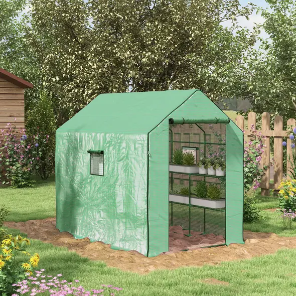 Outsunny Walk-in Greenhouse with 3 Tier 12 Shelves, Small Greenhouse with Reinforced PE Cover, Garden Plant Growhouse with Roll-up Door and Three Mesh Windows, 140 x 213 x 190 cm, Green - 1