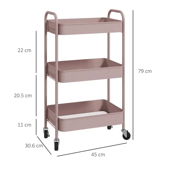 HOMCOM Three-Tier Steel Storage Trolley - Pink - 2