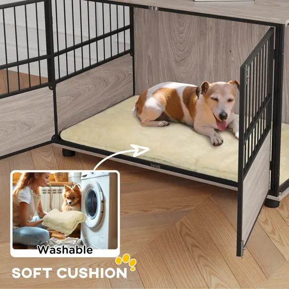 PawHut 100cm Furniture Style Dog Crate Dog Cage End Table Indoor with 3 Doors Soft Washable Cushion, for Large Sized Dogs - 4