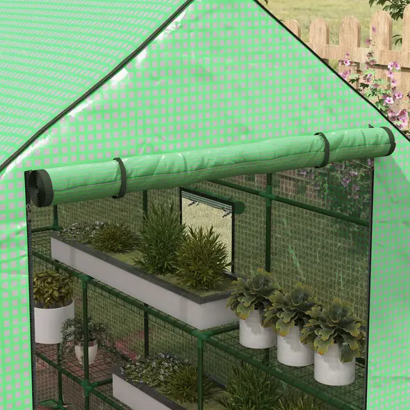 Outsunny Walk-in Greenhouse with 3 Tier 12 Shelves, Small Greenhouse with Reinforced PE Cover, Garden Plant Growhouse with Roll-up Door and Three Mesh Windows, 140 x 213 x 190 cm, Green - 7