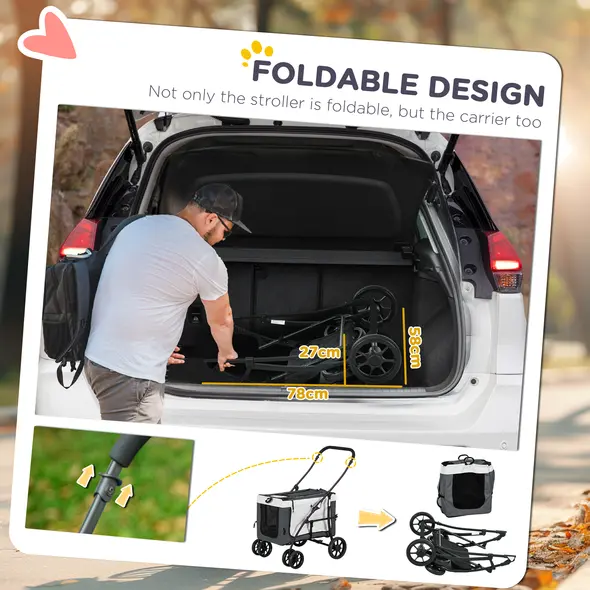 PawHut Foldable Dog Stroller, Pet Travel Crate, with Detachable Carrier, Soft Padding, for Mini, Small Dogs - Grey - 5