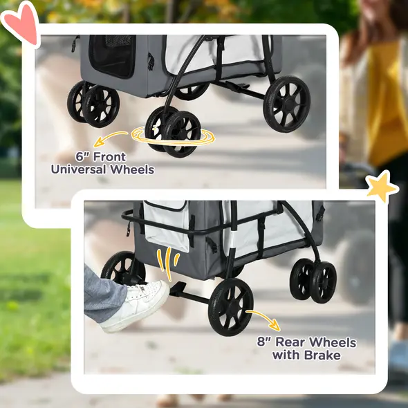 PawHut Foldable Dog Stroller, Pet Travel Crate, with Detachable Carrier, Soft Padding, for Mini, Small Dogs - Grey - 6