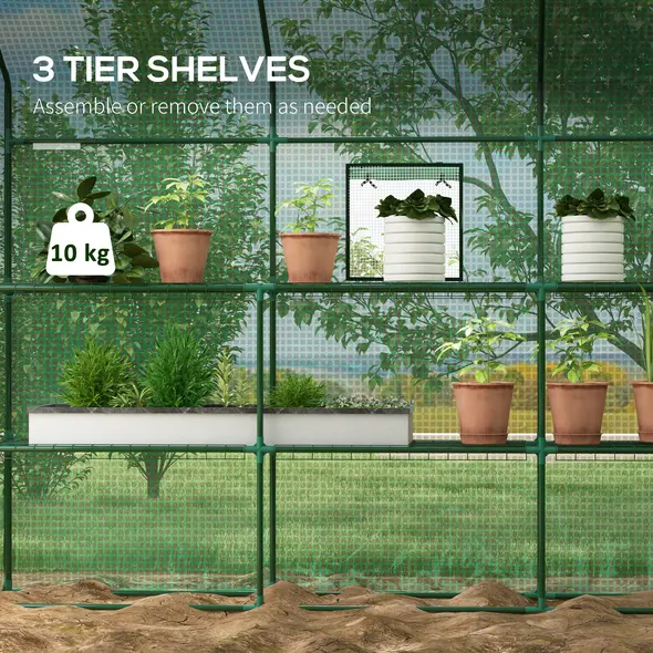 Outsunny Walk-in Greenhouse with 3 Tier 12 Shelves, Small Greenhouse with Reinforced PE Cover, Garden Plant Growhouse with Roll-up Door and Three Mesh Windows, 140 x 213 x 190 cm, Green - 3