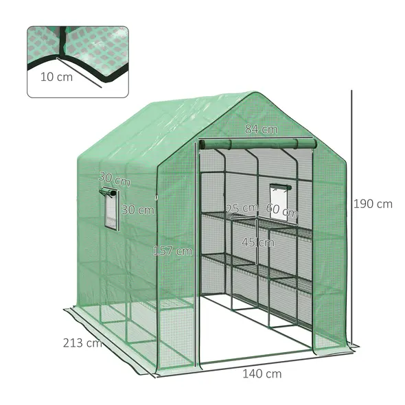 Outsunny Walk-in Greenhouse with 3 Tier 12 Shelves, Small Greenhouse with Reinforced PE Cover, Garden Plant Growhouse with Roll-up Door and Three Mesh Windows, 140 x 213 x 190 cm, Green - 2