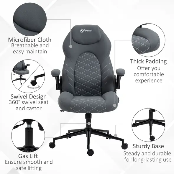 Vinsetto Home Office Desk Chair, Computer Chair with Flip Up Armrests, Swivel Seat and Tilt Function, Dark Grey - 3