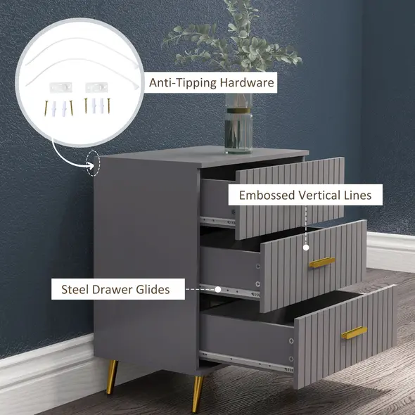 HOMCOM Three Drawer Embossed Line Dresser - Grey/Gold Tone - 5