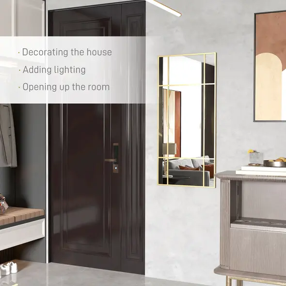 HOMCOM Decorative Grid Wall Mirror, with Back Hooks - Gold Tone - 3