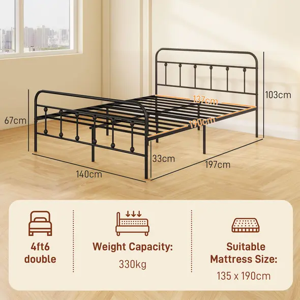 HOMCOM Double Minimalistic Metal Bed Frame - Black - 2