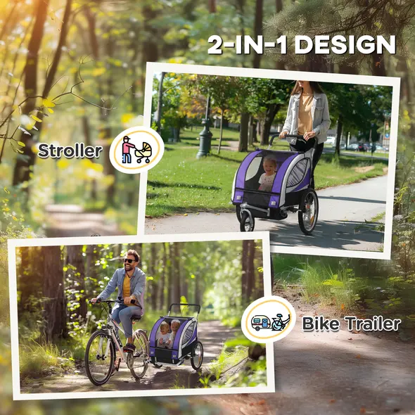 HOMCOM Baby Bike Trailer with 5 Point Harness, Steel Frame, Reflectors, Safety Flag, Hitch Coupler, Purple - 3