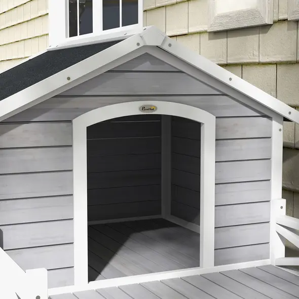 PawHut Small/Medium Dog House with Porch, Grey - 7