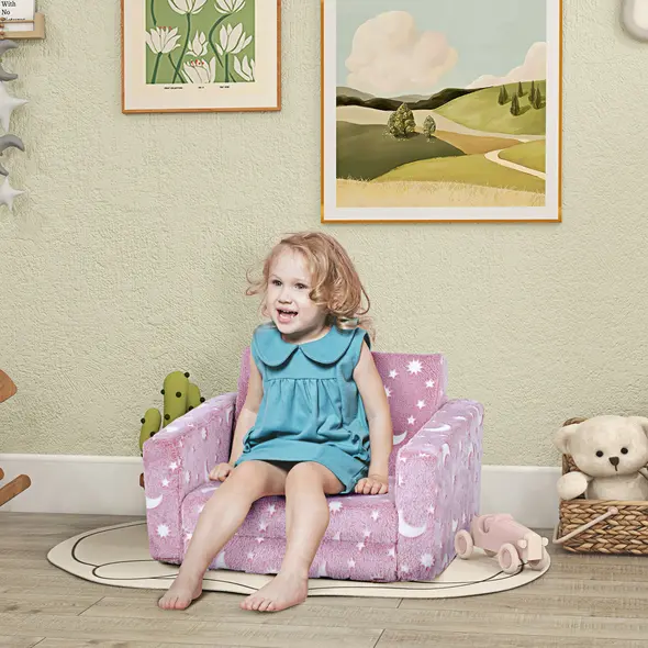 AIYAPLAY 2 in 1 Kids Folding Bed Armchair with Glow in The Dark Cosmic Design, Washable Cushion and Cover, Pink - 1