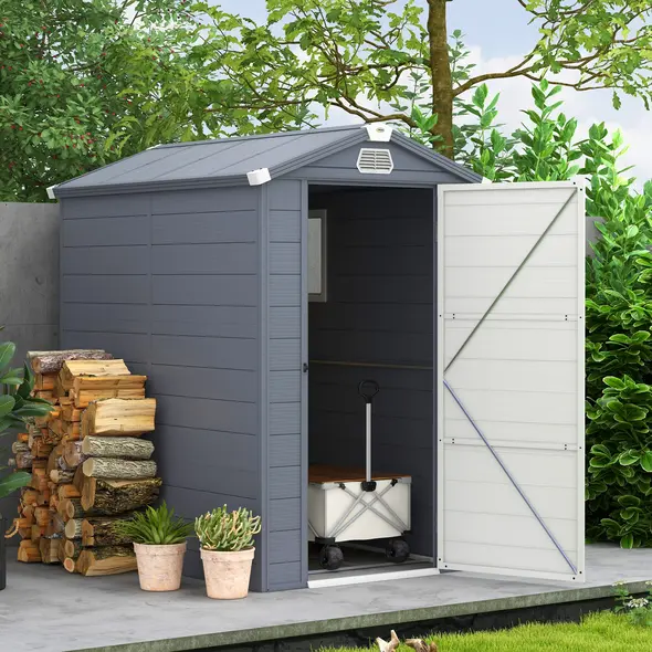 Outsunny 4.4ft x 6.2ft Aluminium Frame and Plastic Wall Shed, with Foundation - Grey - 1