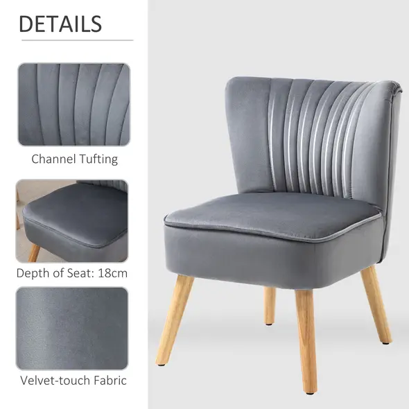 HOMCOM Velvet Accent Chair Occasional Tub Seat Padding Curved Back with Wood Frame Legs Home Furniture Set of 2 Grey - 4