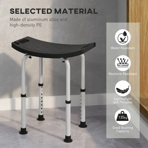HOMCOM Height Adjustable Bath Stool, Aluminium Shower Stool with Non-Slip Pads for Elderly, Disabled, Seniors, Pregnant, Black - 5