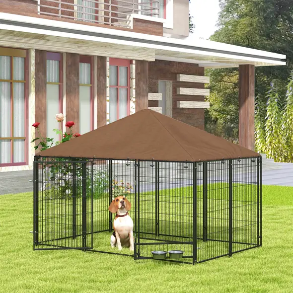 PawHut Outdoor Dog Kennel Puppy Play Pen with Canopy Garden Playpen Fence Crate Enclosure Cage Rotating Bowl 211 x 141 x 151 cm - 1