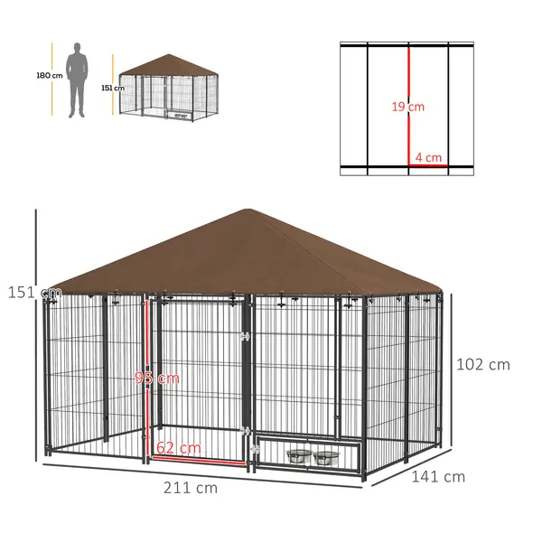 PawHut Outdoor Dog Kennel Puppy Play Pen with Canopy Garden Playpen Fence Crate Enclosure Cage Rotating Bowl 211 x 141 x 151 cm - 2