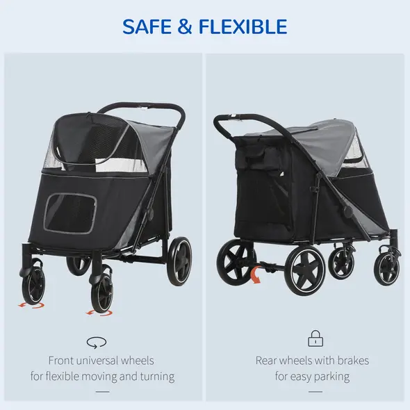 PawHut 4 Wheel Pet Stroller with Rain Cover for Medium and Large Dogs - Black - 4